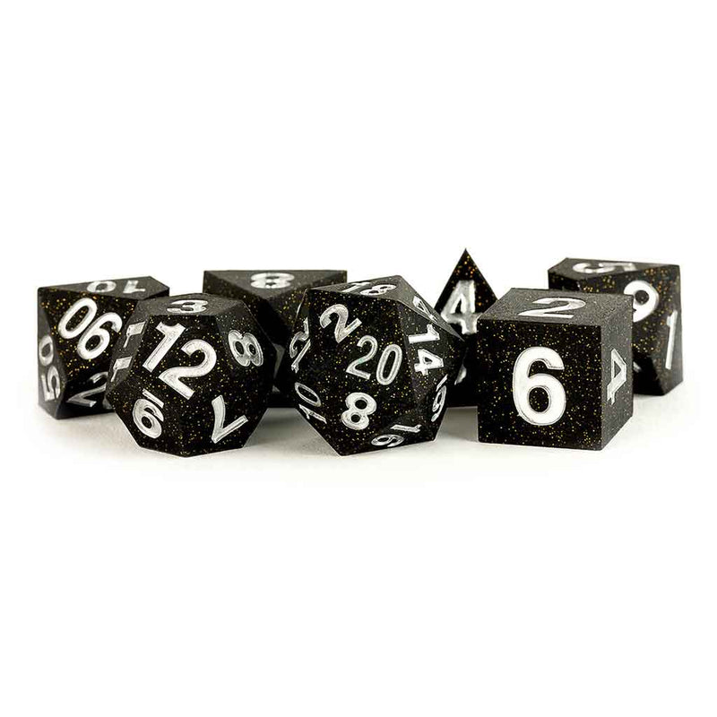 MDG Gold Scatter Silicone Rubber Dice - 7 Piece Polyhedral Dice Set + Dice Bag - Bea DnD Games