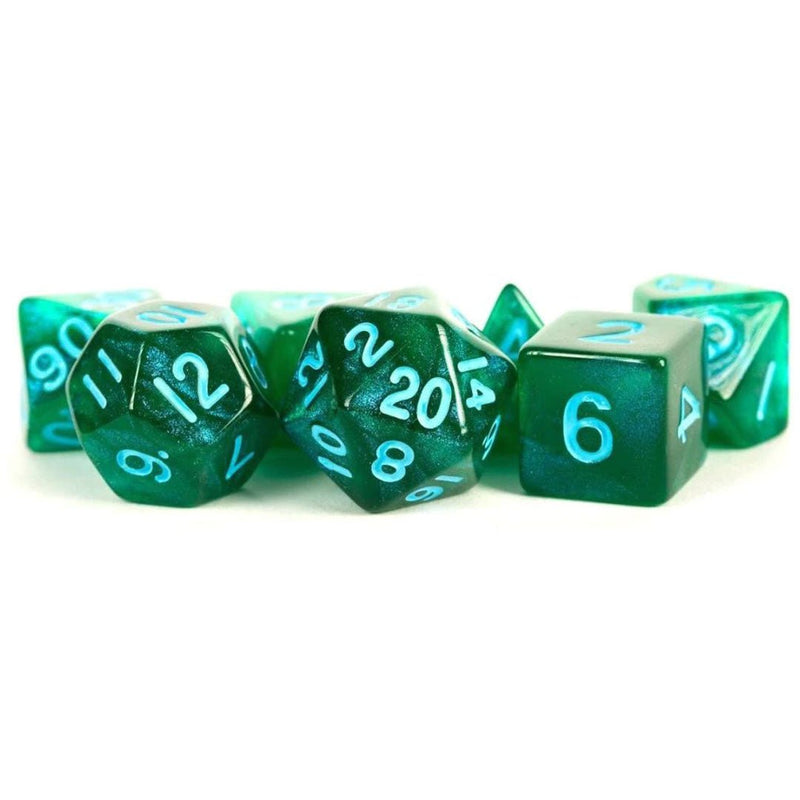 MDG Stardust: Green with Blue Numbers 7-Piece Polyhedral Dice Set - Bea DnD Games