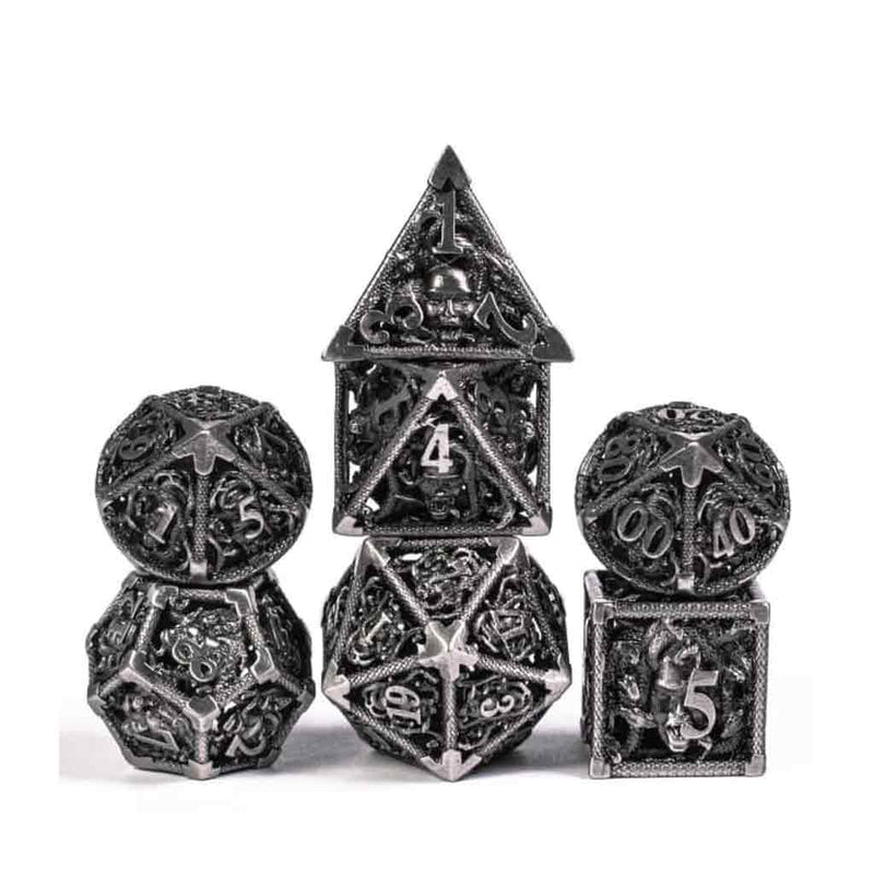 Medusa 7 Piece Hollow Metal Polyhedral Dice Set & Dice Case - Bea DnD Games