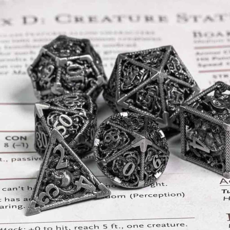 Medusa 7 Piece Hollow Metal Polyhedral Dice Set & Dice Case - Bea DnD Games