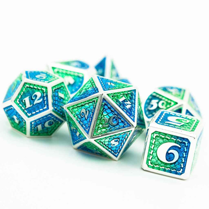 Mermaid Scale 7 Piece Metal Polyhedral Dice Set & Dice Case - Bea DnD Games
