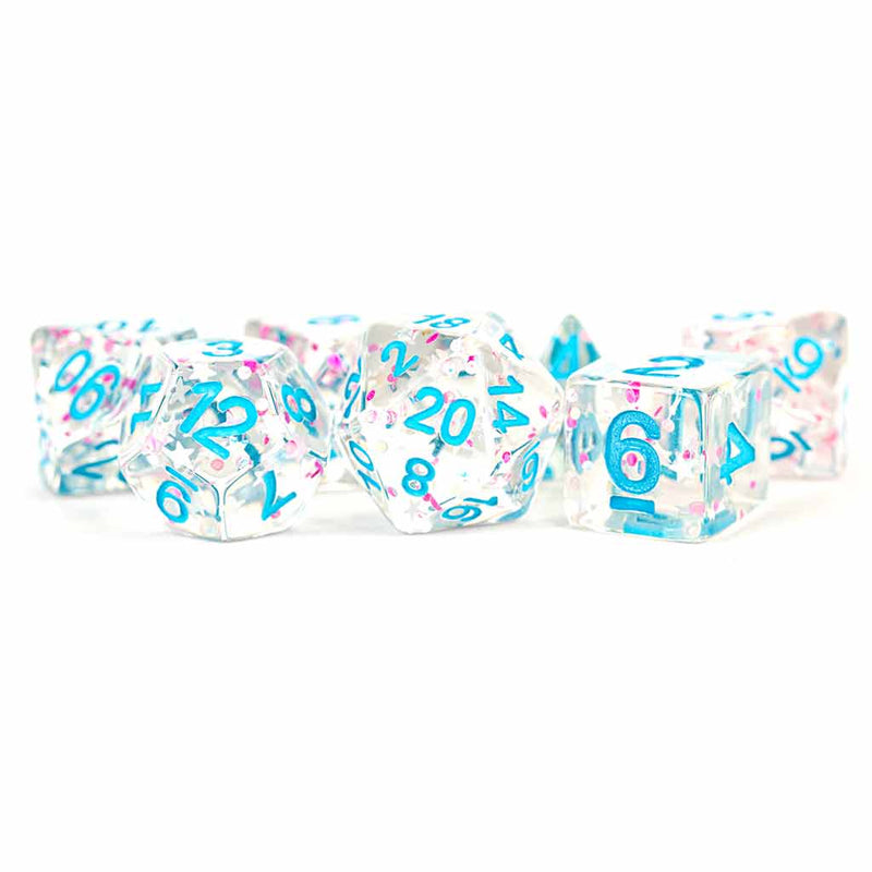 Metallic Dice Games Clear Confetti - 7 Piece Polyhedral Dice Set + Dice Bag - Bea DnD Games