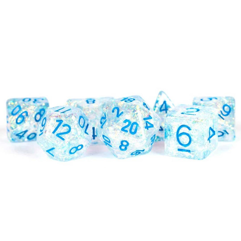 Metallic Dice Games Clear Flash Dice - 7 Piece Polyhedral Dice Set + Dice Bag - Bea DnD Games