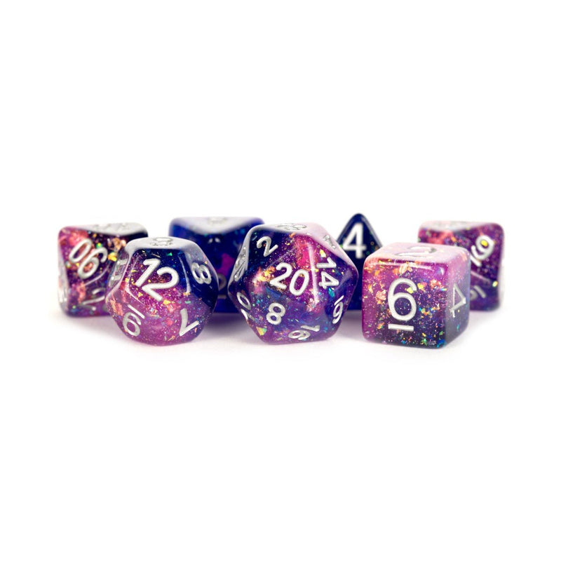 Metallic Dice Games Eternal Purple & Blue - 7 Piece Polyhedral Dice Set + Dice Bag - Bea DnD Games
