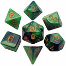 Metallic Dice Games Green/Light Green with Gold Numbers - 7 Piece Polyhedral Dice Set + Dice Bag - Bea DnD Games