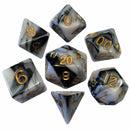 Metallic Dice Games Marble with Gold Numbers - 7 Piece Polyhedral Dice Set + Dice Bag - Bea DnD Games