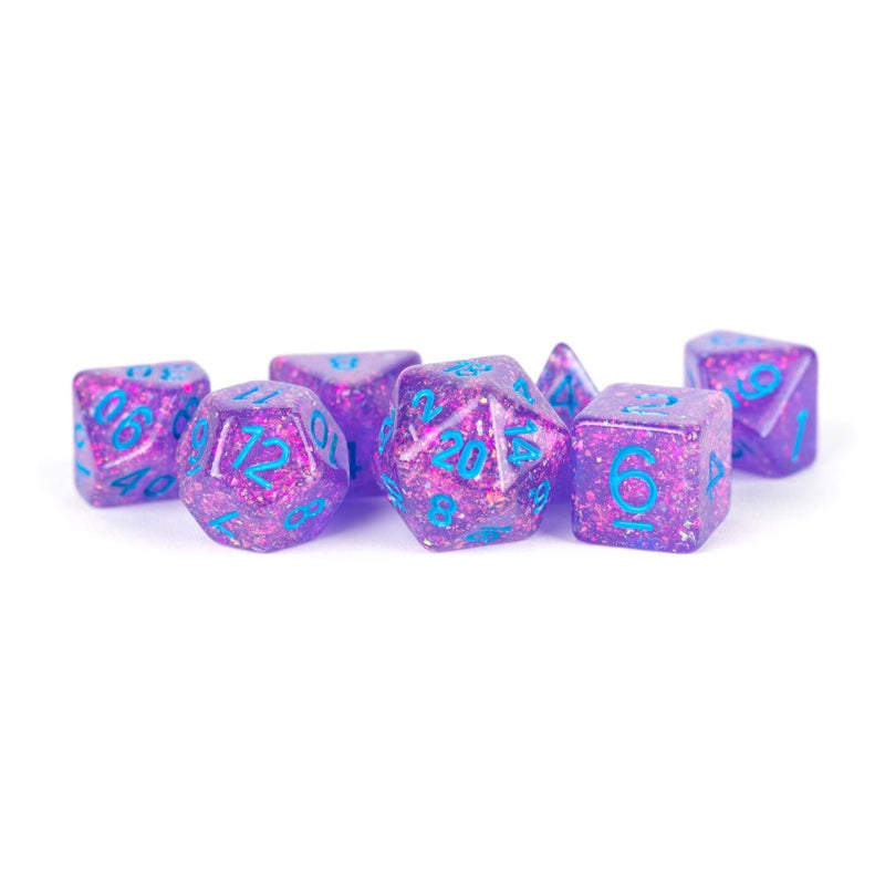 Metallic Dice Games Purple Flash Dice - 7 Piece Polyhedral Dice Set + Dice Bag - Bea DnD Games
