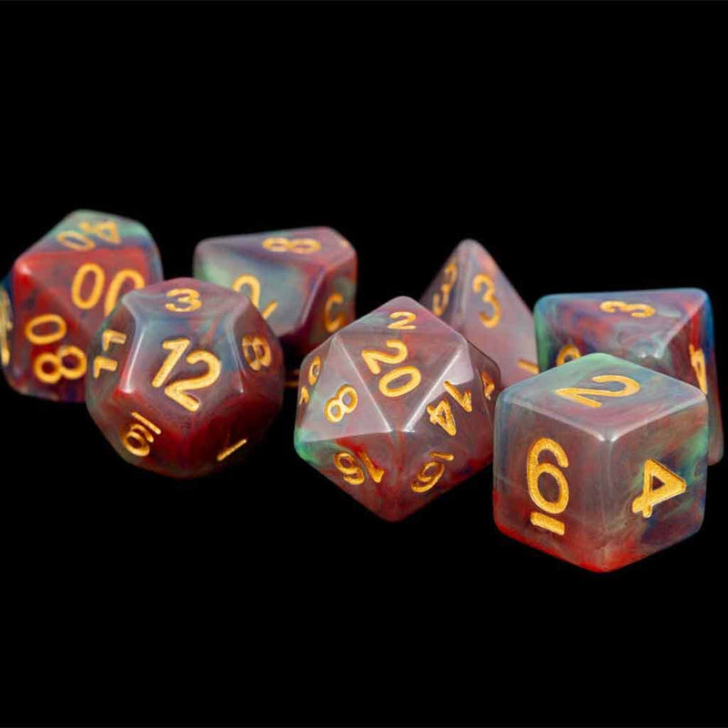 Metallic Dice Games Red Pearl Swirl - 7 Piece Polyhedral Dice Set + Dice Bag - Bea DnD Games