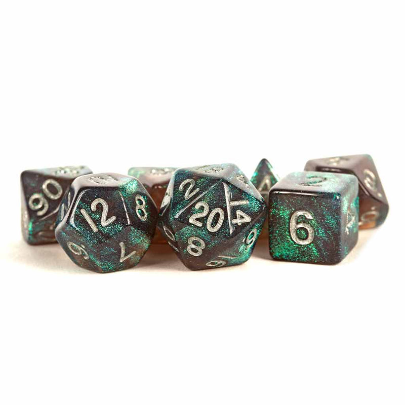 Metallic Dice Games Stardust Gray with Silver Numbers - 7 Piece Polyhedral Dice Set + Dice Bag - Bea DnD Games