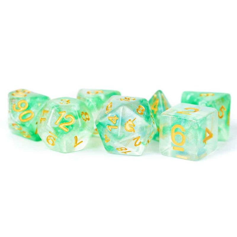 Metallic Dice Games Unicorn Resin Poly Set - Icy Everglades - 7 Piece Polyhedral Dice Set + Dice Bag - Bea DnD Games