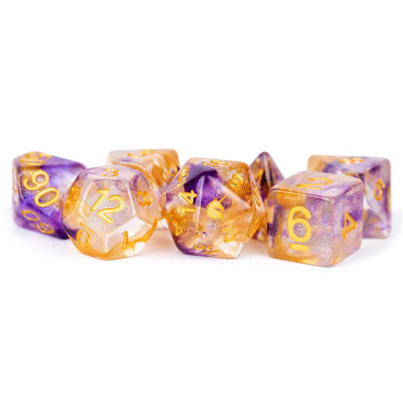 Metallic Dice Games Unicorn Resin Poly Set - Royal Sunset - 7 Piece Polyhedral Dice Set + Dice Bag - Bea DnD Games