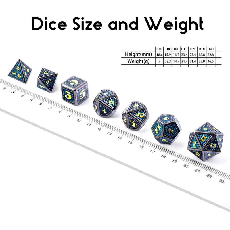 Midnight Dragon 7 Piece Metal Polyhedral Dice Set & Dice Case - Bea DnD Games