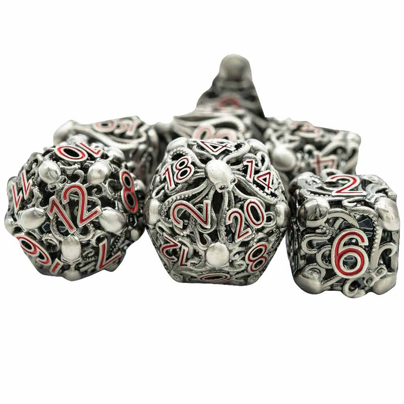 Mindflayer Cult 7 Piece Hollow Metal Polyhedral Dice Set & Dice Case - Bea DnD Games