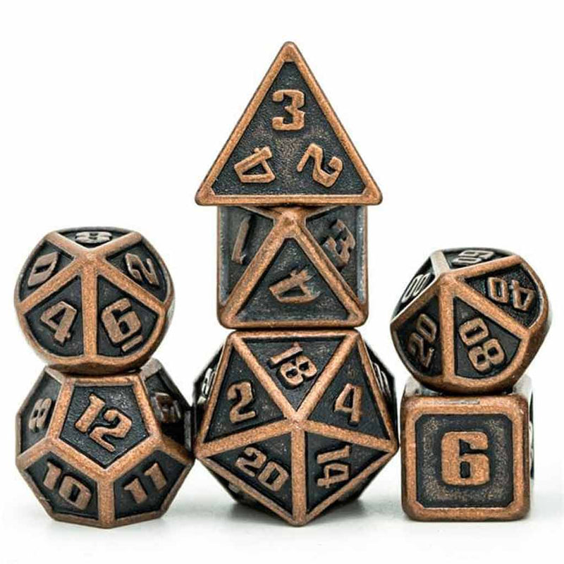 Mini Metal Dwarven Workshop 7 Piece Metal Polyhedral Dice Set & Dice Bag - Bea DnD Games