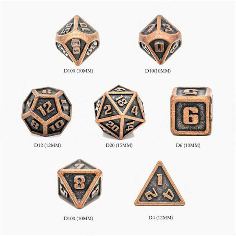 Mini Metal Dwarven Workshop 7 Piece Metal Polyhedral Dice Set & Dice Bag - Bea DnD Games