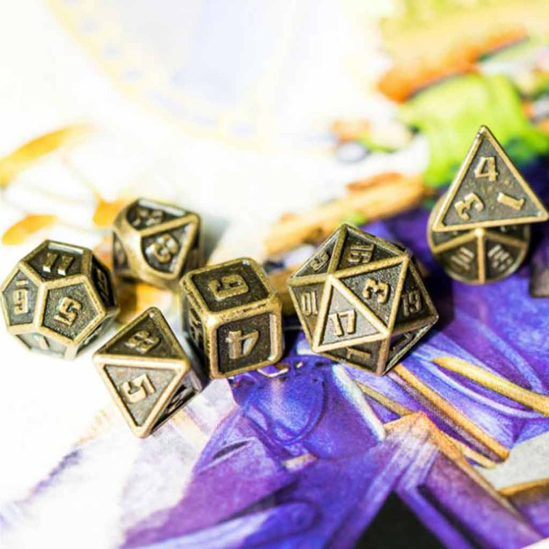 Mini Metal Elven Forge 7 Piece Metal Polyhedral Dice Set & Dice Bag - Bea DnD Games
