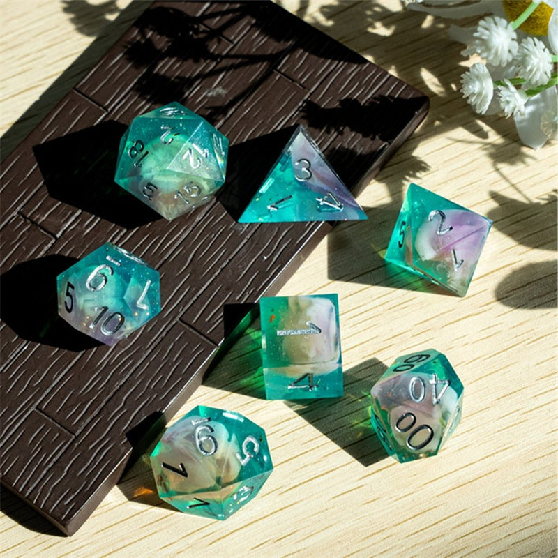 Mystic Ocean Handcrafted Sharp Edge Dice Set & Dice Case - Bea DnD Games