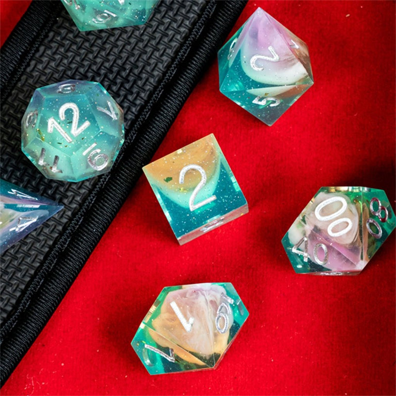 Mystic Ocean Handcrafted Sharp Edge Dice Set & Dice Case - Bea DnD Games