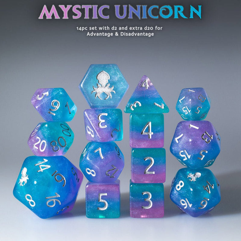 Mystic Unicorn 14pc Dice Set by Kraken Dice + Dice Bag - Bea DnD Games