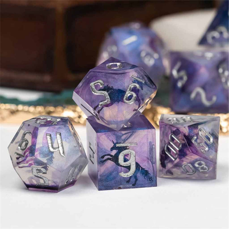 Mystic Unicorn - Handcrafted Sharp Edge Dice Set & Dice Case - Bea DnD Games