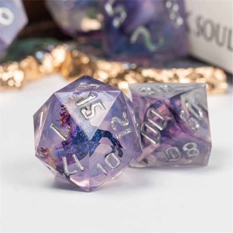 Mystic Unicorn - Handcrafted Sharp Edge Dice Set & Dice Case - Bea DnD Games
