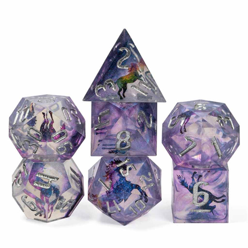 Mystic Unicorn - Handcrafted Sharp Edge Dice Set & Dice Case - Bea DnD Games