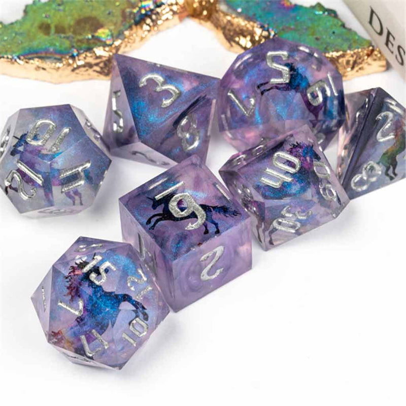 Mystic Unicorn - Handcrafted Sharp Edge Dice Set & Dice Case - Bea DnD Games
