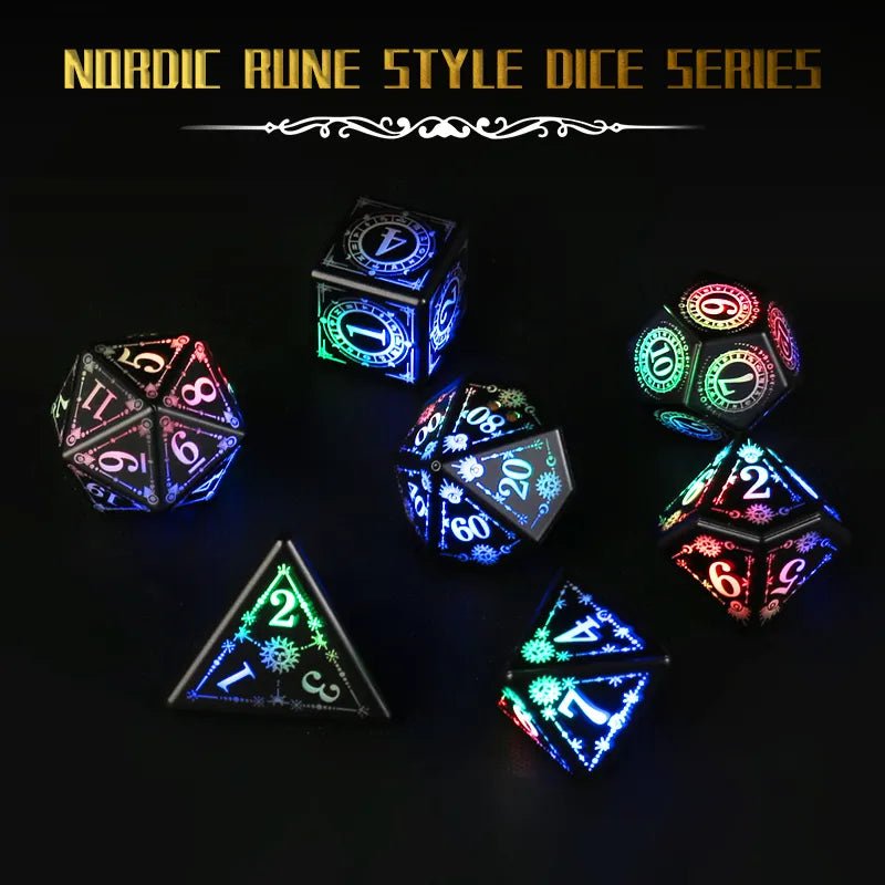 'Nordic Rune LED Dice' - Rechargeable Light Up Dice - 7 Piece Dice Set - Bea DnD Games