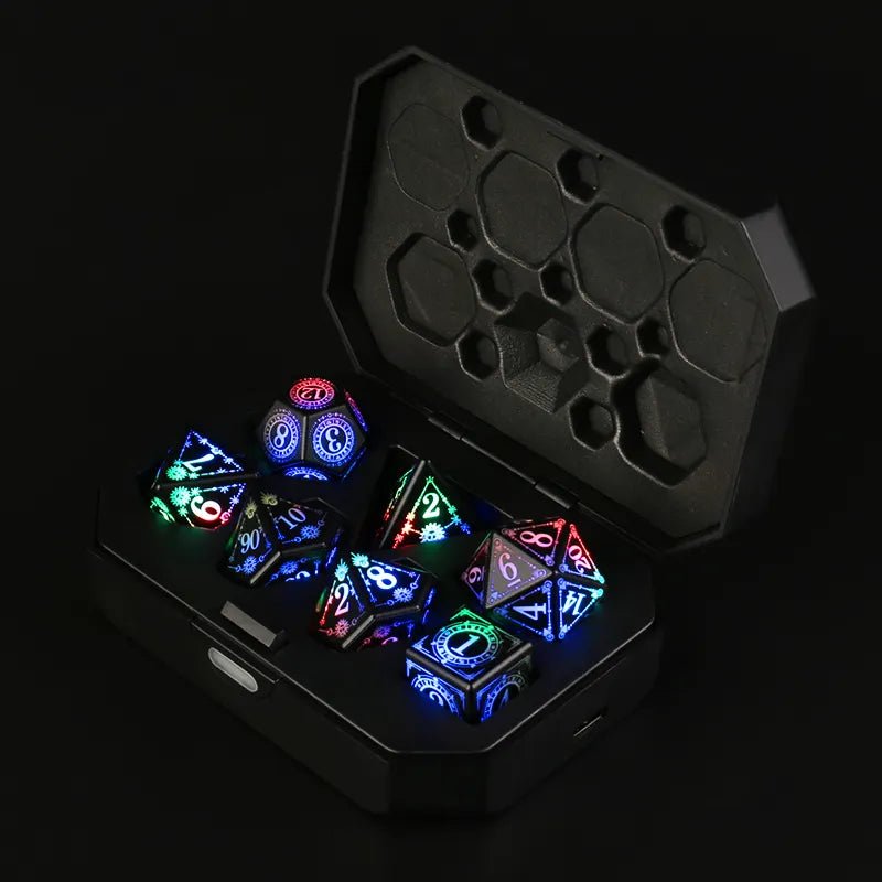 'Nordic Rune LED Dice' - Rechargeable Light Up Dice - 7 Piece Dice Set - Bea DnD Games