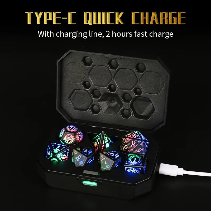 'Nordic Rune LED Dice' - Rechargeable Light Up Dice - 7 Piece Dice Set - Bea DnD Games