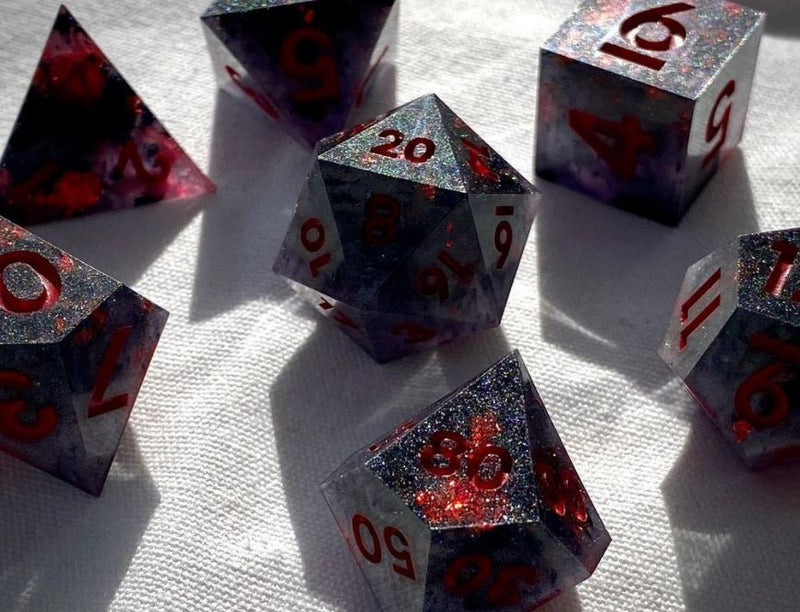 Obsidian and Ruby - New Zealand Made Handcrafted Dice Set by Tui Dice - Bea DnD Games