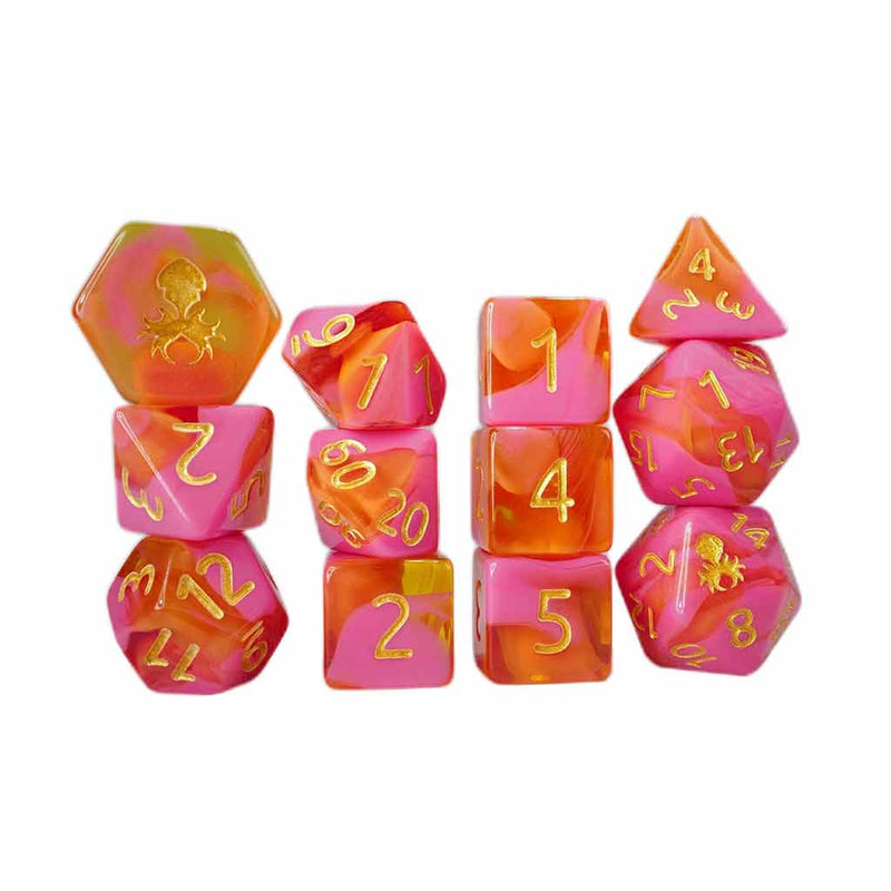 Orange & Pink Gummi 12 Piece Polyhedral Dice Set + Dice Bag (Kraken Dice) - Bea DnD Games