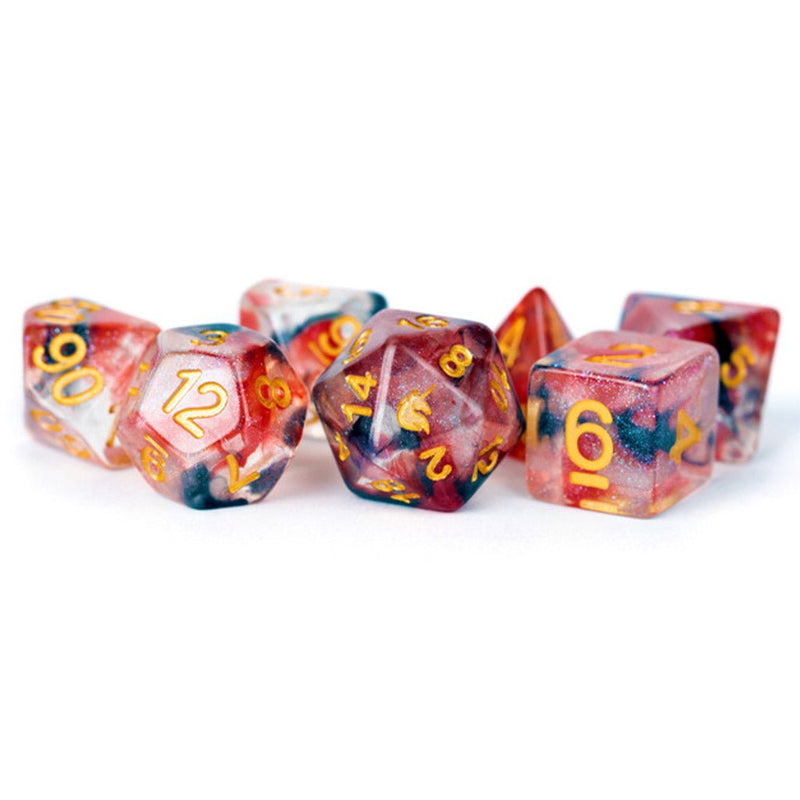 Phoenix Ash - MDG Unicorn Resin Poly Set - 7 Piece Polyhedral Dice Set + Dice Bag - Bea DnD Games