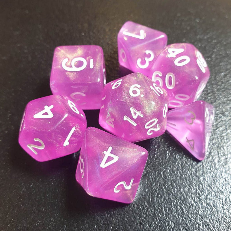Pink Shimmer - 7 Piece Polyhedral Dice Set + Dice Bag - Bea DnD Games