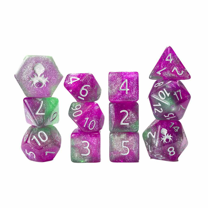 Poison Ivy 12 Piece Glimmer RPG Dice Set with Silver Ink + Dice Bag (Kraken Dice) - Bea DnD Games