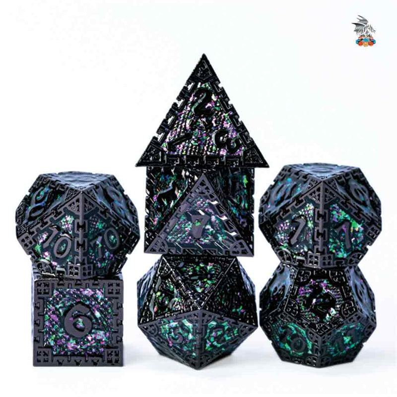 Power Stone 7 Piece Metal Polyhedral Dice Set & Dice Case - Bea DnD Games