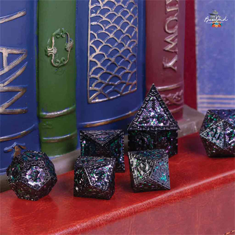 Power Stone 7 Piece Metal Polyhedral Dice Set & Dice Case - Bea DnD Games