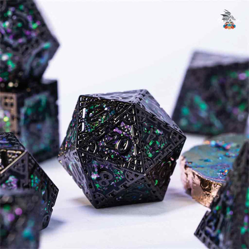 Power Stone 7 Piece Metal Polyhedral Dice Set & Dice Case - Bea DnD Games
