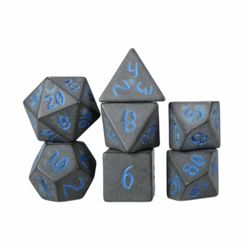 Primeval: Charcoal with Blue Ink - 7 Piece Polyhedral Dice Set + Dice Bag (Kraken Dice) - Bea DnD Games