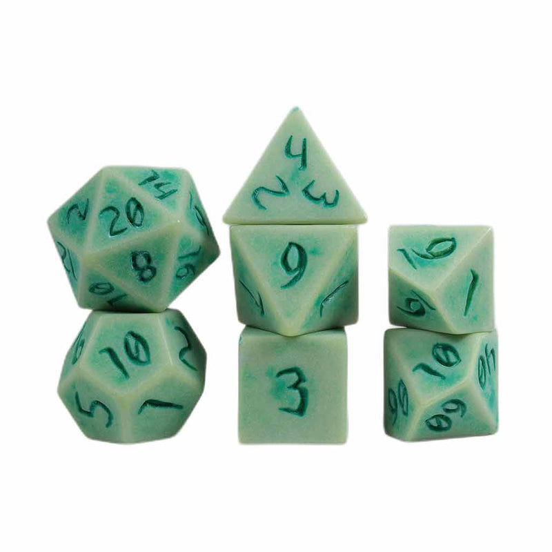 Primeval: Jade with Green Ink- 7 Piece Polyhedral Dice Set + Dice Bag (Kraken Dice) - Bea DnD Games