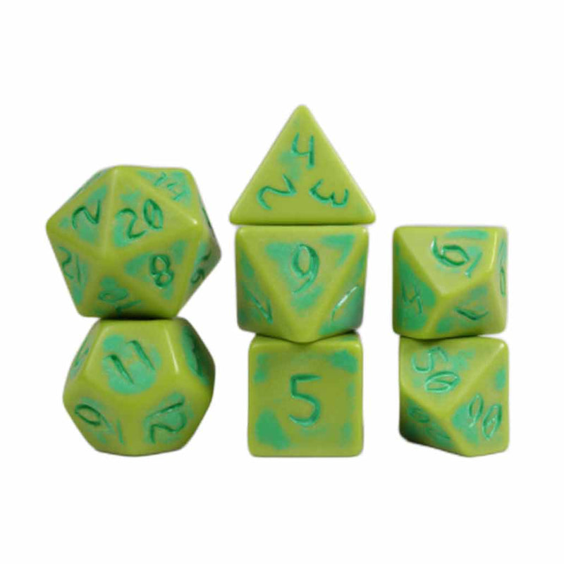 Primeval: Limestone With Green Ink - 7 Piece Polyhedral Dice Set + Dice Bag (Kraken Dice) - Bea DnD Games