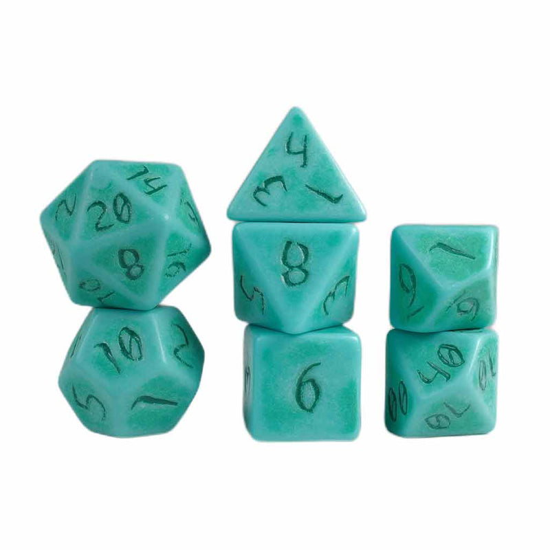 Primeval: Turquoise with Green Ink - 7 Piece Polyhedral Dice Set + Dice Bag (Kraken Dice) - Bea DnD Games