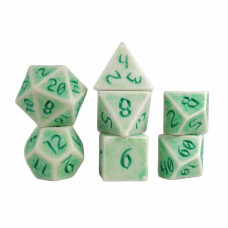 Primeval: White Slate with Green Ink - 7 Piece Polyhedral Dice Set + Dice Bag (Kraken Dice) - Bea DnD Games