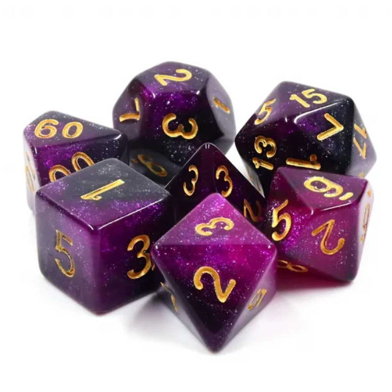 Purple Galaxy - 7 Piece Polyhedral Dice Set + Dice Bag - Bea DnD Games