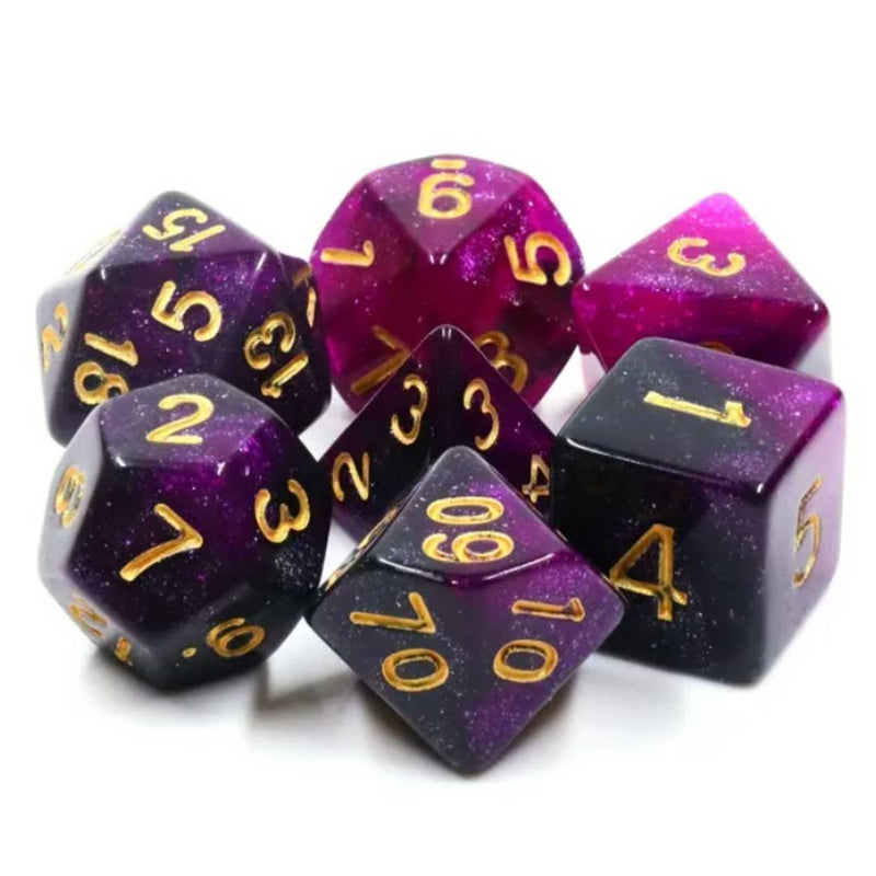 Purple Galaxy - 7 Piece Polyhedral Dice Set + Dice Bag - Bea DnD Games