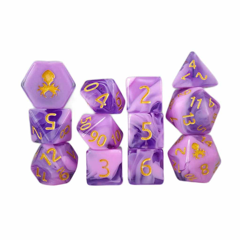Purple & Pink Gummi 12 Piece Polyhedral Dice Set + Dice Bag (Kraken Dice) - Bea DnD Games