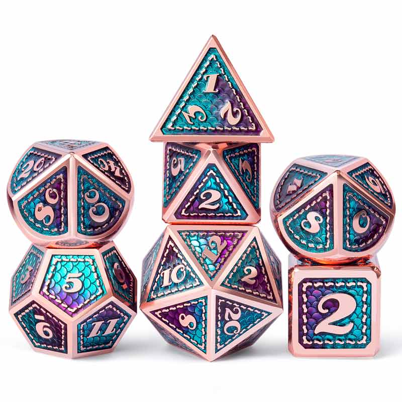Radiant Dragon 7 Piece Metal Polyhedral Dice Set & Dice Case - Bea DnD Games