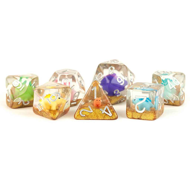 Rainbow Dinosaur Dice by Metallic Dice Games - 7 Piece Polyhedral Dice Set + Dice Bag - Bea DnD Games
