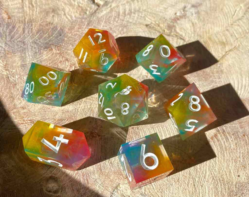 Rainbow Swirl New Zealand Made Handcrafted Dice Set by Tui Dice - Bea DnD Games
