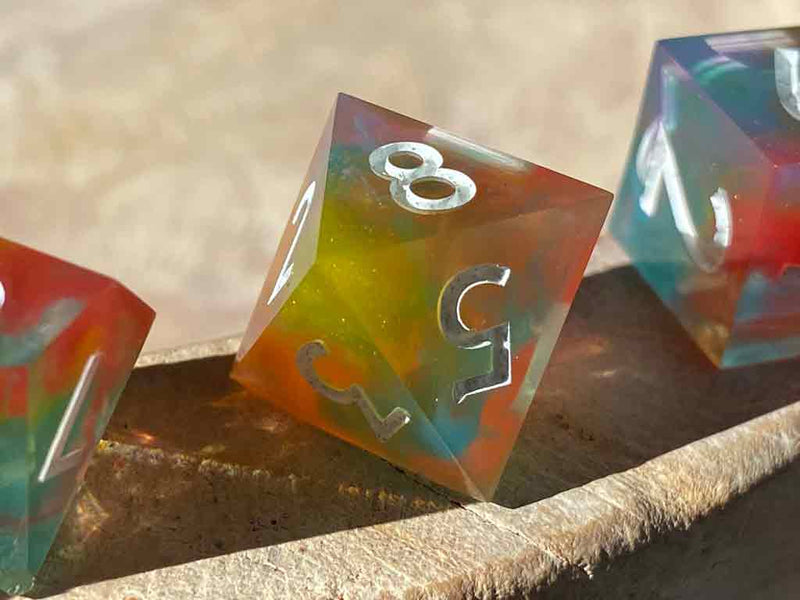Rainbow Swirl New Zealand Made Handcrafted Dice Set by Tui Dice - Bea DnD Games
